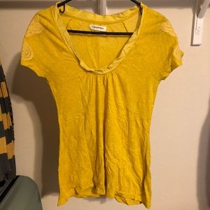 Anthro Pilcro Mustard Tee with Embellished Sleeves